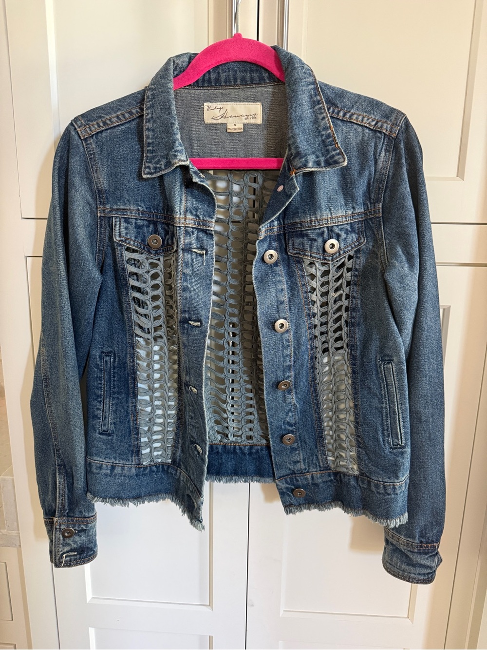 Vintage Blue Denim Crochet-Panel Jean Jacket